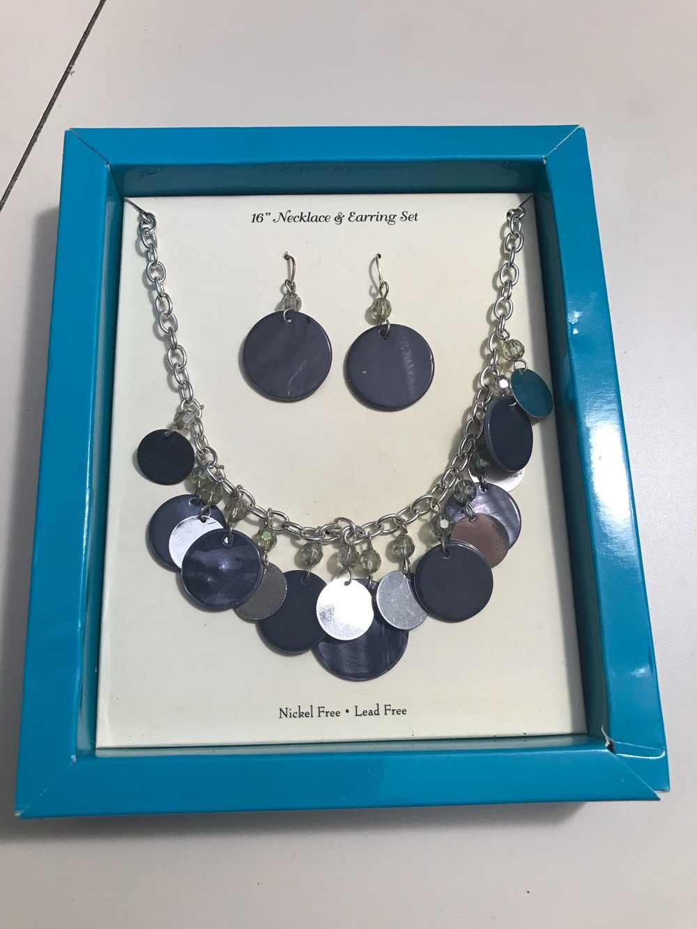 Silver Tone Black Clear Beads Dangling Necklace and Earring Set 16”